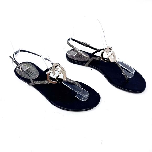 GUCCI GG Black Silver Logo Monogram Ellesmere Heart Designer Vintage Sandals 36 - Picture 4 of 10